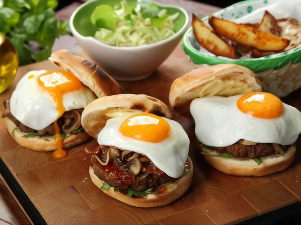 Amerykańskie burgery z pieczarkami i sadzonym jajem
