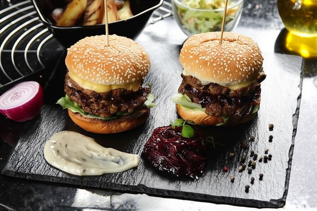 Aromatyczne double burgery z pleśniowym serem i konfiturą z czerwonej cebuli