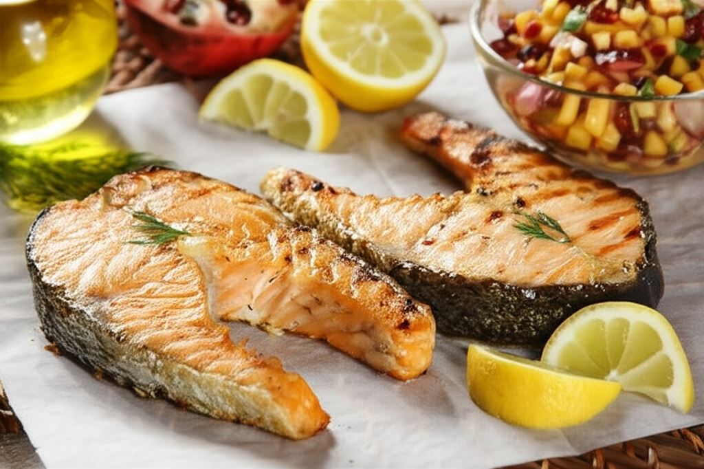 Aromatyczny łosoś z grilla z ostrą salsą z mango i granatu