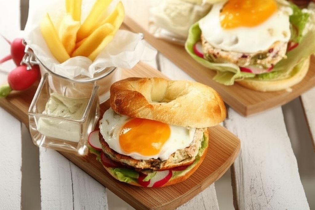 Bajgiel z hamburgerem z kurczaka i sadzonym jajkiem