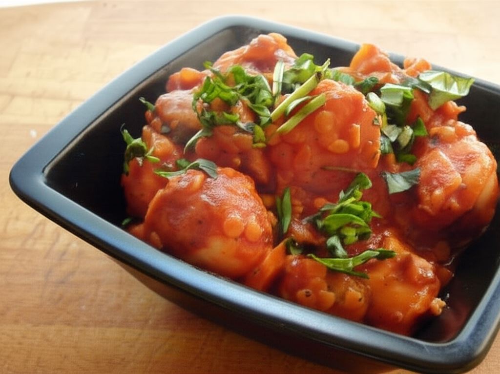 Biała kiełbasa z soczewicą zapiekana w sosie pomidorowym