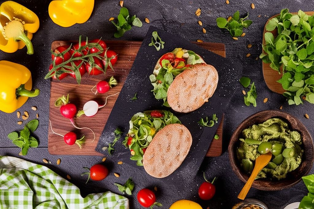 Bułeczka z pastą z bobu i kolorową sałatką