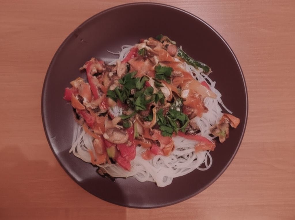 Chiński makaron ryżowy z kurczakiem i warzywami