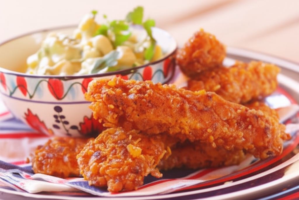 Paluszki z kurczaka z sałatką z kukurydzy