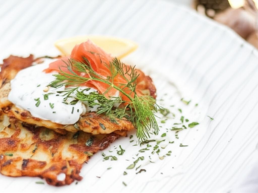 Chrupiące placki ziemniaczane z czosnkową śmietaną i łososiem