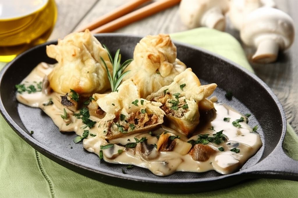 Chrupiące sakiewki z kaszą gryczaną i sosem pieczarkowym