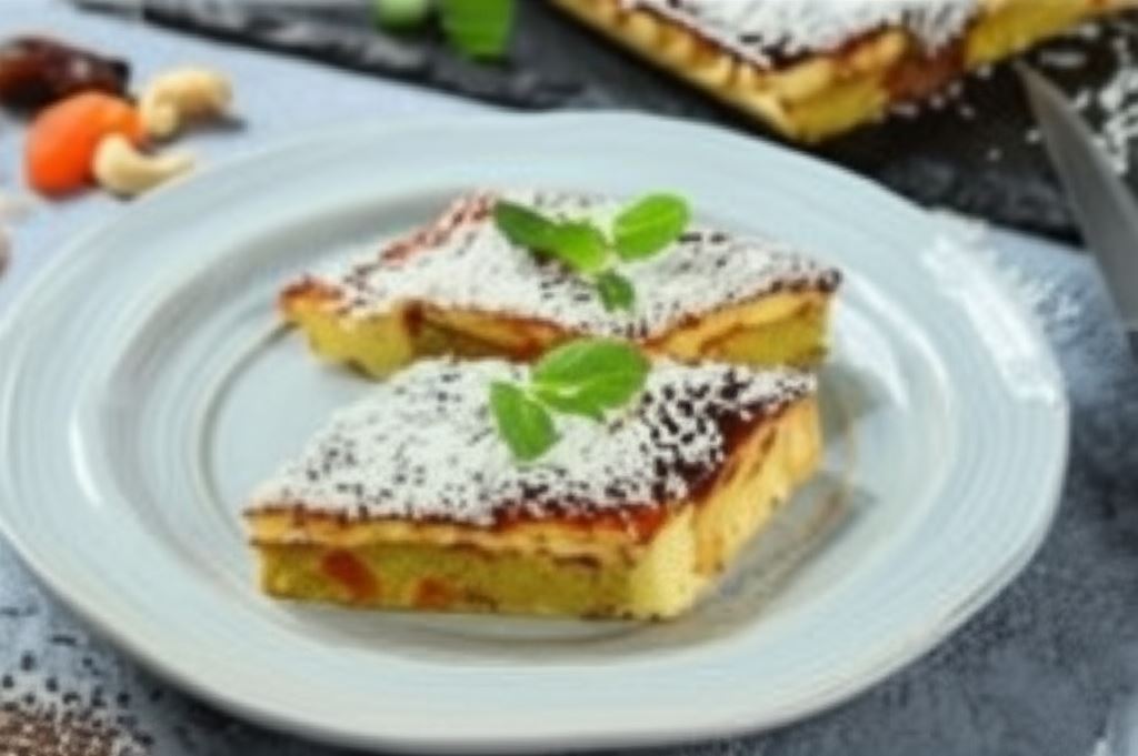 Ciasto z ciecierzycy z czekoladową polewą i musem z mango