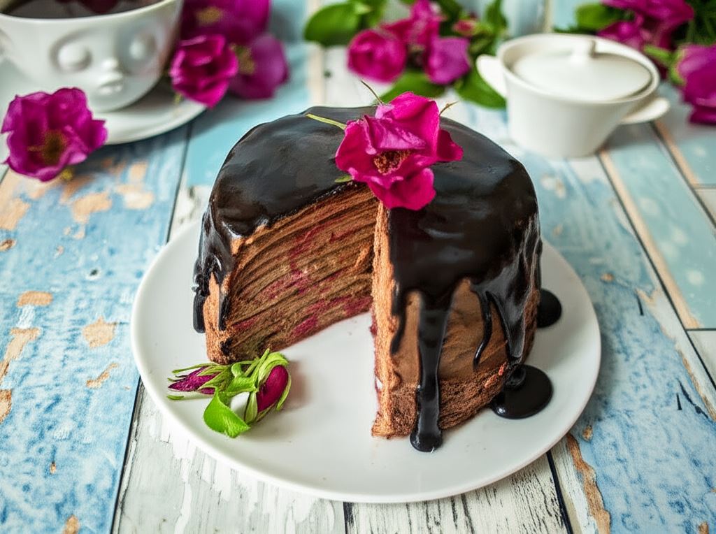 Czekoladowy tort naleśnikowy z różą