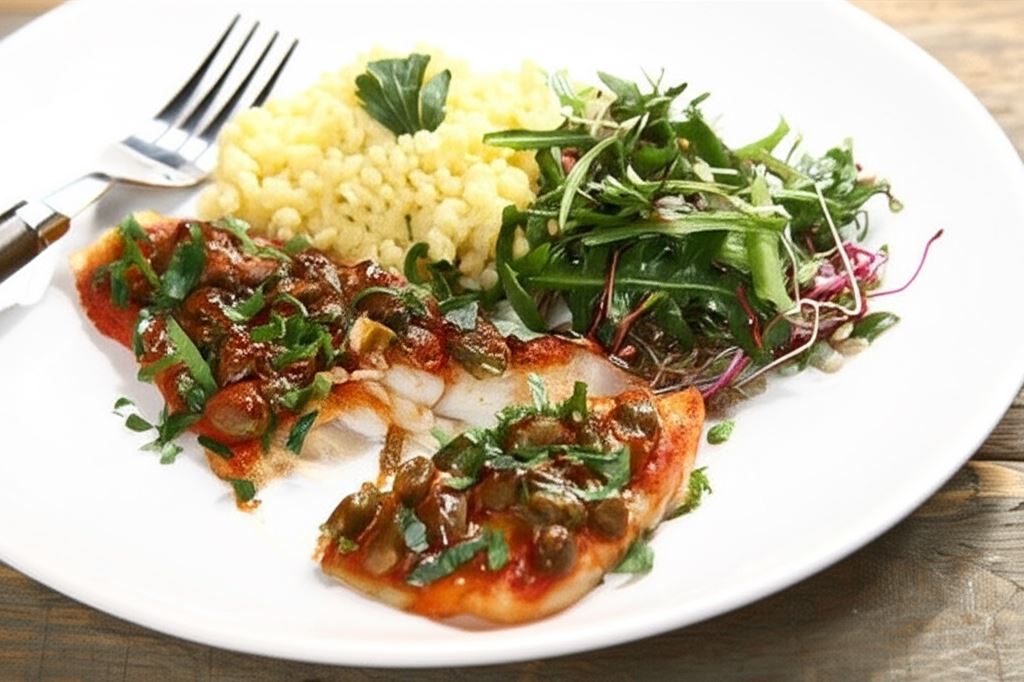 Dorsz pieczony w sosie pomidorowym z kaparami