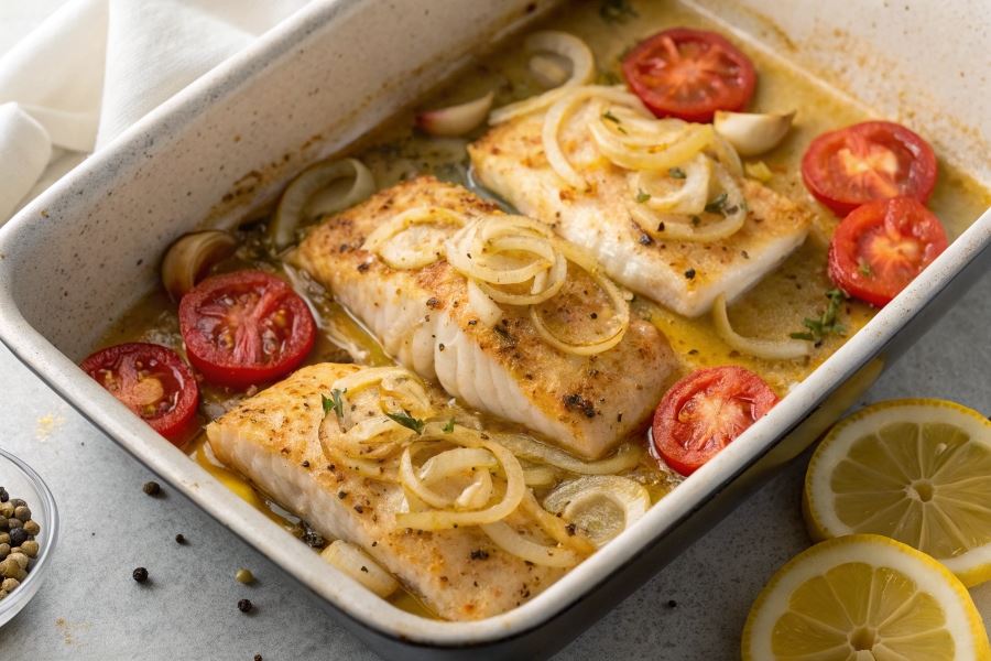 Dorsz zapiekany w cebuli