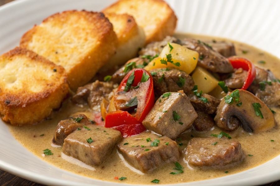 Duszona cielęcina z serem i pieczarkami
