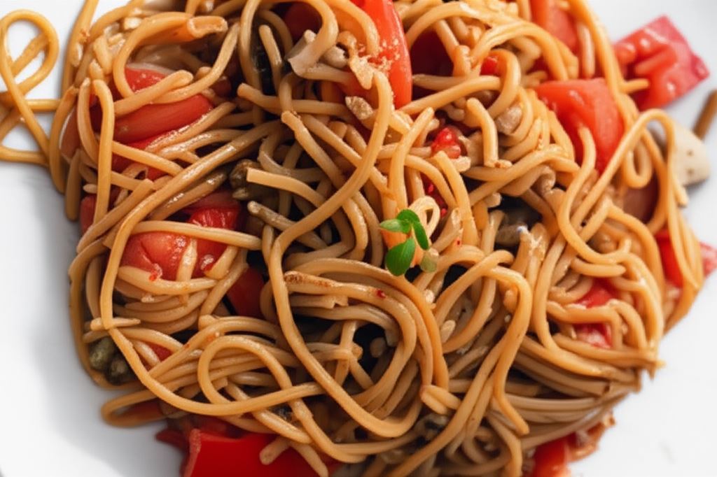 Ekspresowe pełnoziarniste spaghetti z pomidorami i sezamem