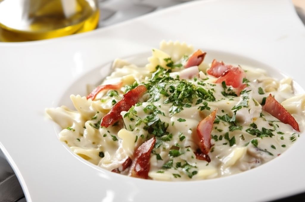 Farfalle z pieczarkami i szynką