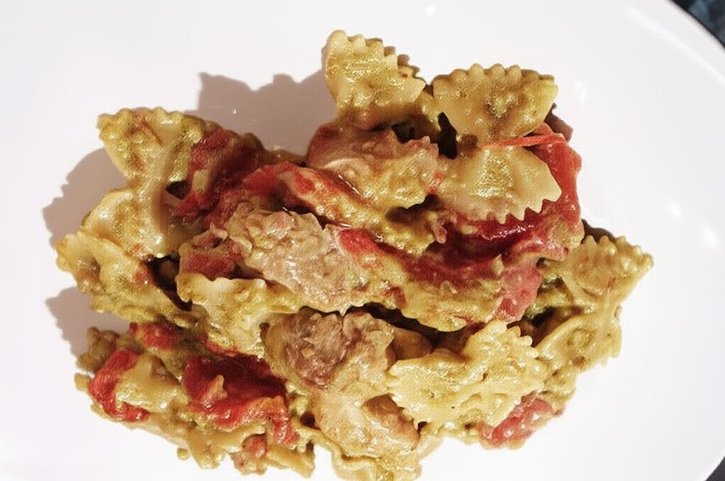 Farfalle z sosem z sera pleśniowego z dodatkiem suszonych pomidorów i pieczonej szynki