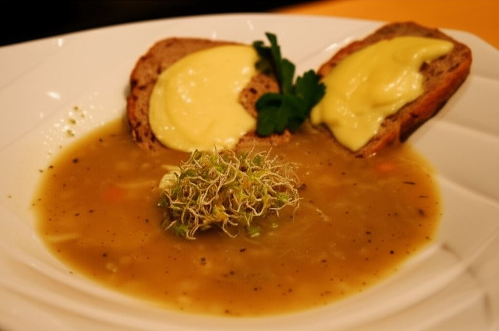 Francuska Zupa Cebulowa z kiełkami i grzankami
