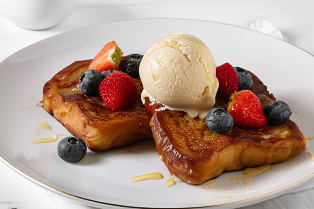 Francuskie tosty z lodami waniliowymi i owocami leśnymi