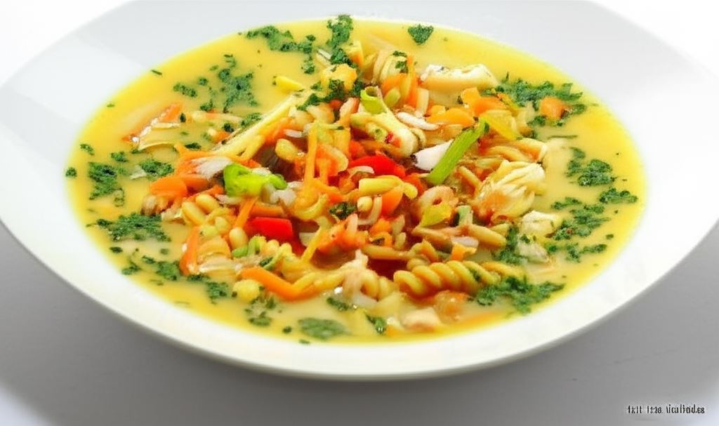 Gęsta zupa rybna z makaronem pełnoziarnistym i mleczkiem kokosowym