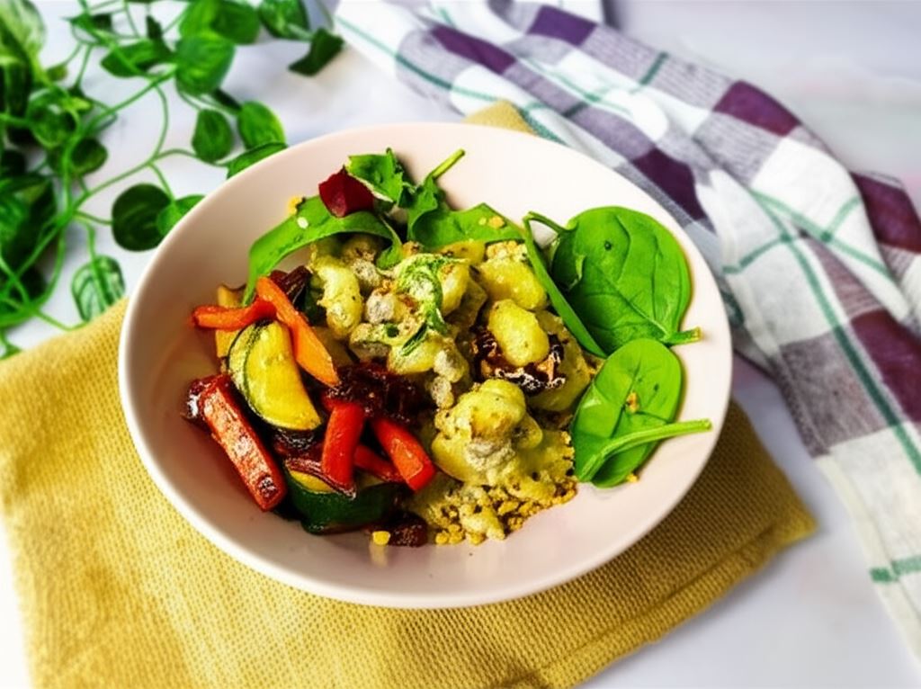 Gnocchi w sosie pieczarkowym ze smażonymi warzywami