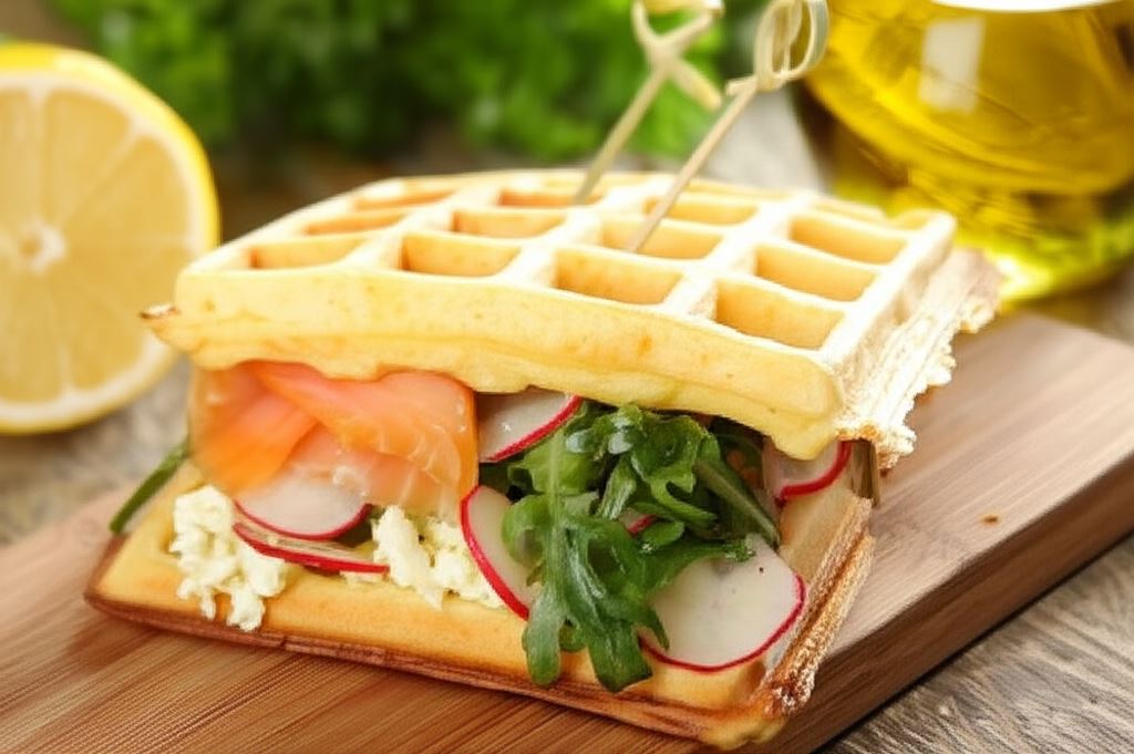 Gofry z rukolą i łososiem wędzonym