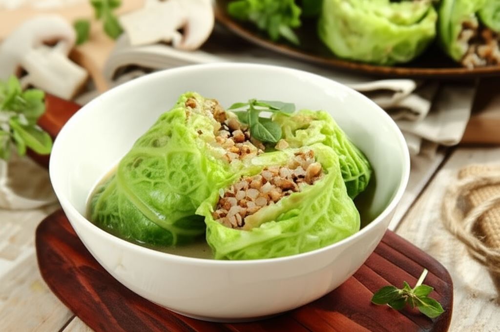 Gołąbki z kaszą gryczaną i grzybami w sosie pieczarkowym