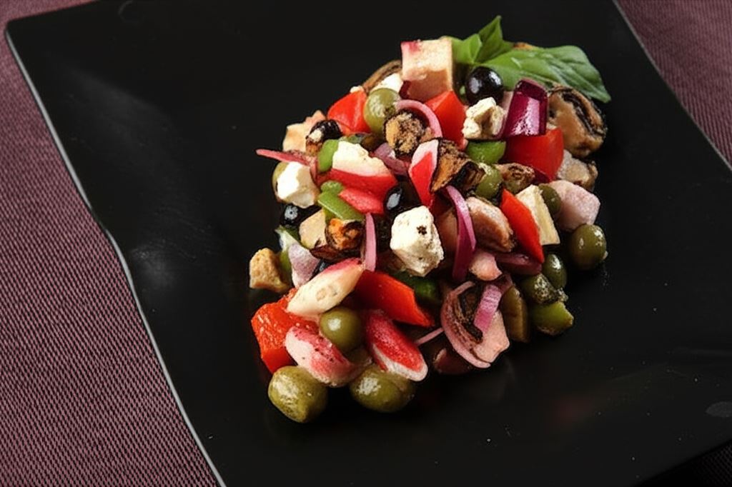 Grecka sałatka z grillowanych warzyw z krabowymi paluszkami i grzankami z sosem czosnkowym