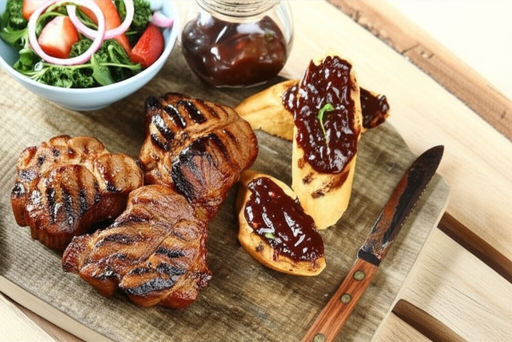 Grillowana karkówka w śliwowicy z grzankami z powidłami śliwkowymi