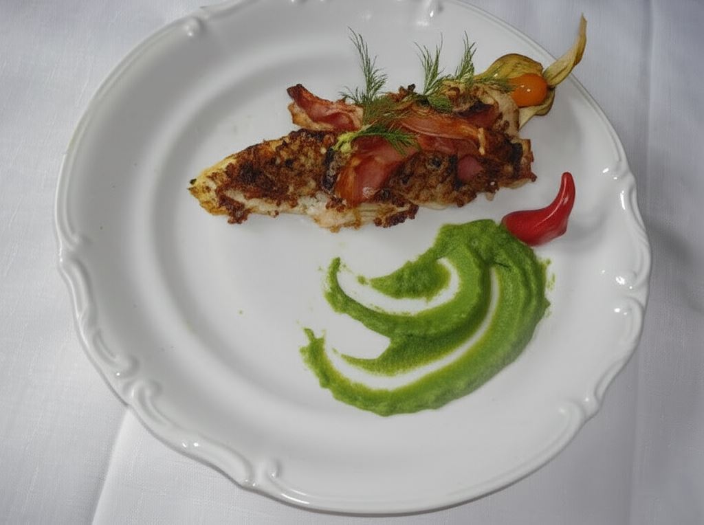 Grillowany pstrąg pod pierzynką z kaszy gryczanej z warzywami z musem brokułowym