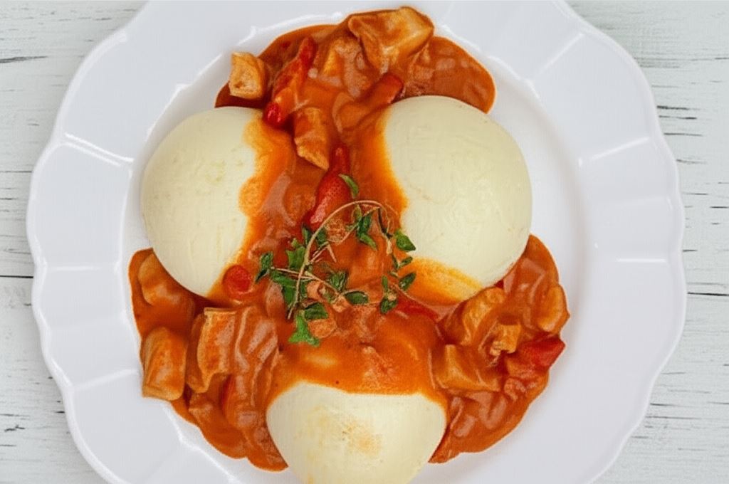 Gulasz paprykowy z kluskami na parze