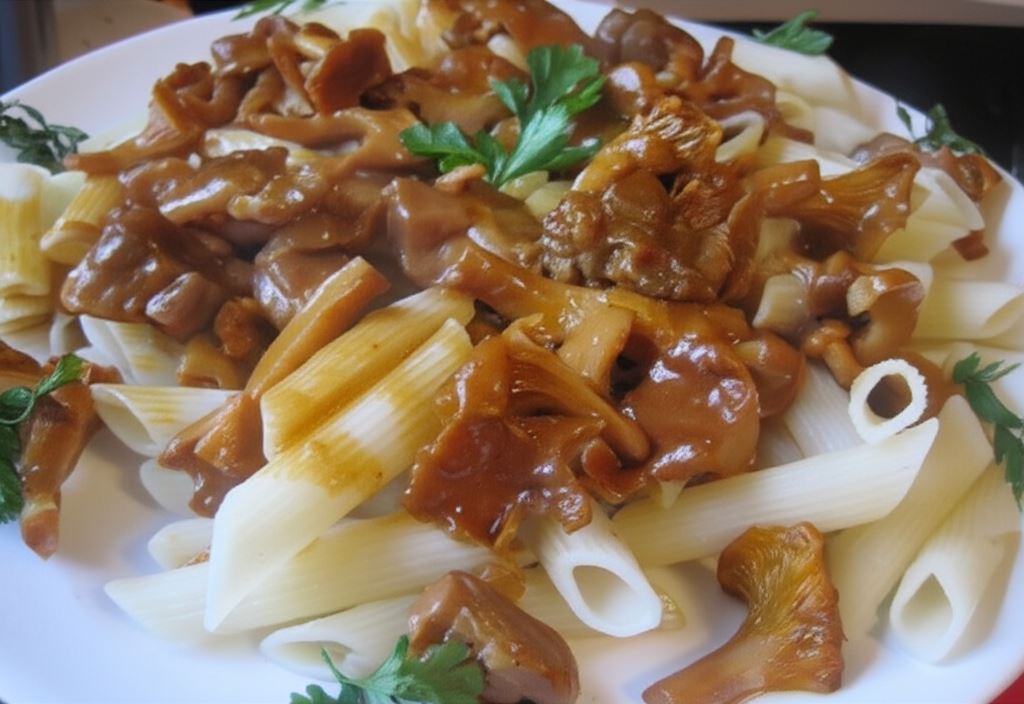 Gulasz wieprzowy z kurkami i makaronem penne