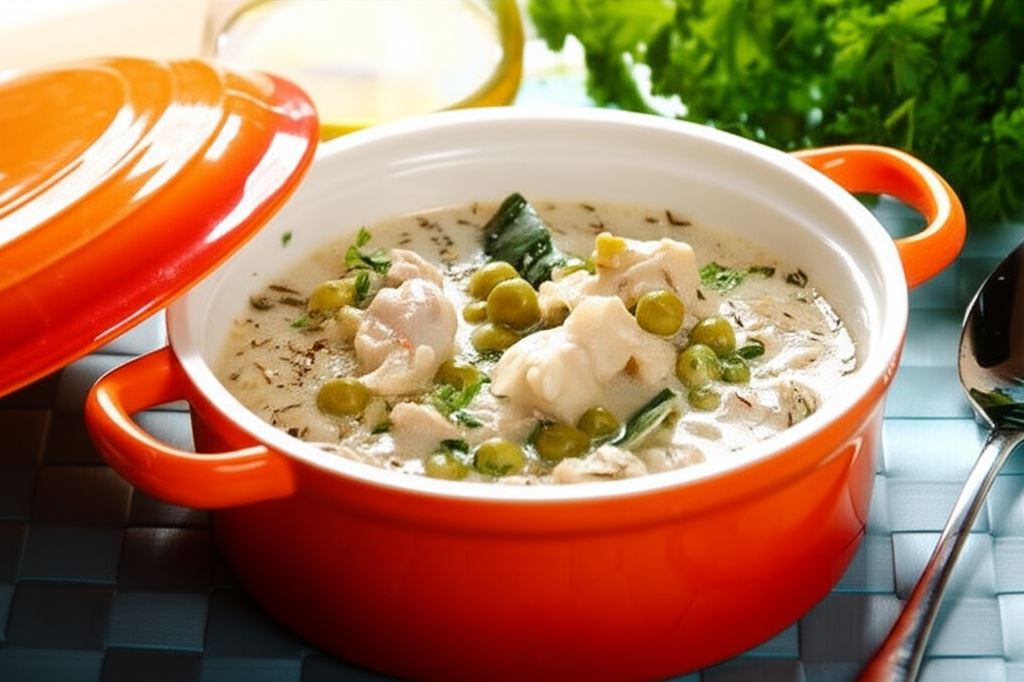 Gulasz z indyka w sosie śmietanowym z zielonym groszkiem