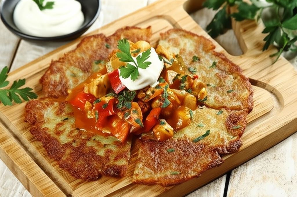 Gulasz z plackami ziemniaczanymi hash browns