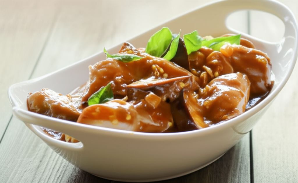 Gulasz z wołowymi kiełbaskami i bakłażanem