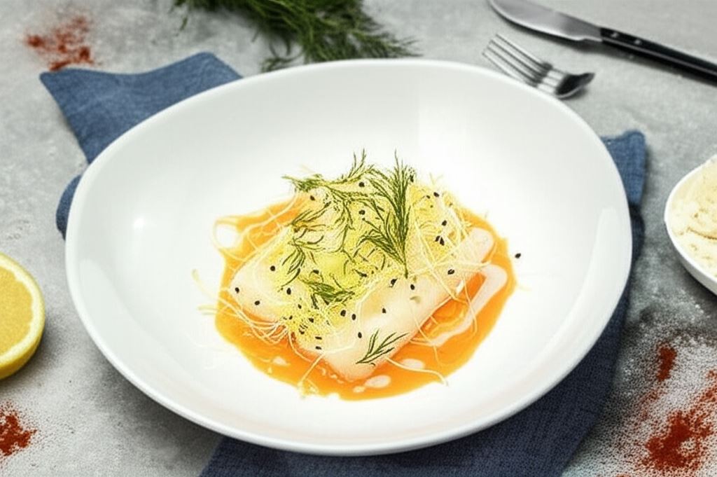 Halibut gotowany na parze w sosie paprykowym