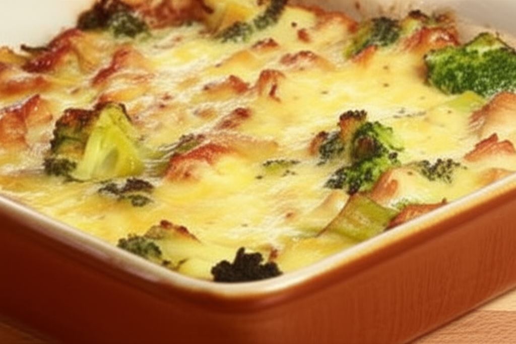 Indyk z brokułami zapiekany w sosie serowym