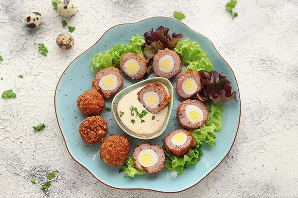 Jaja w szkockim stylu z białą kiełbasą i chrzanem