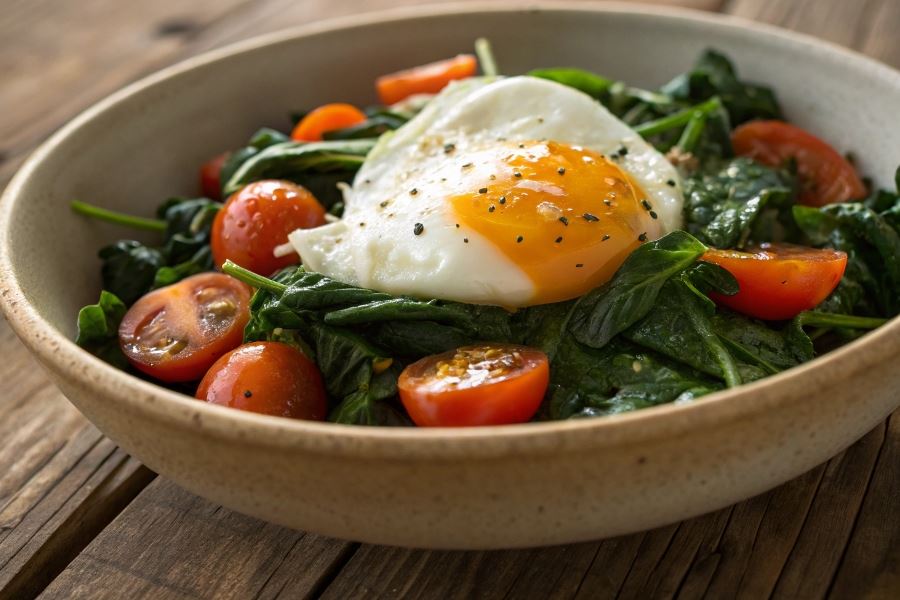 Jajko w siedzonku ze szpinakiem i pomidorami