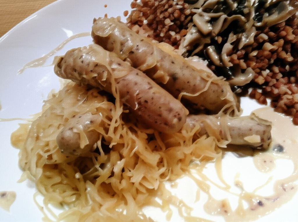 Kiełbaski norymberskie z kapustą