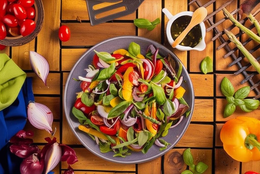 Kolorowa sałatka z grillowanymi szparagami oraz papryką