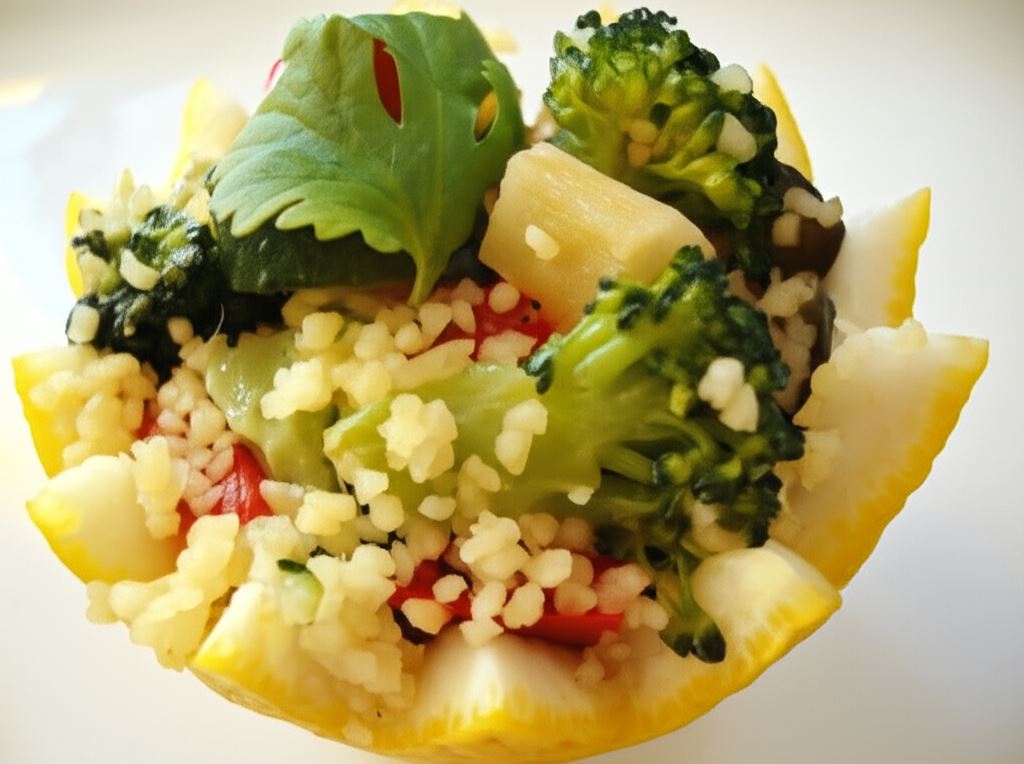 Kolorowa sałatka z kaszy kuskus w cytrynowych skorupkach