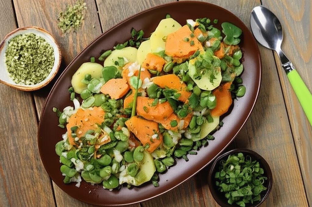 Kolorowa sałatka ziemniaczana z bobem i batatami