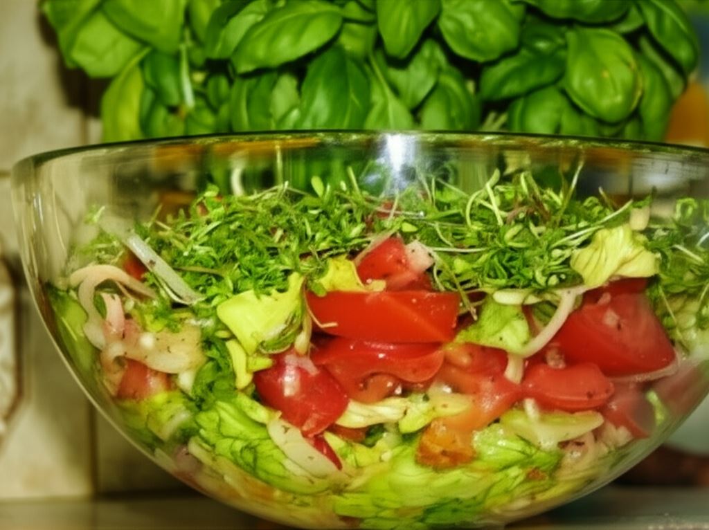 Kolorowa surówka z zielonej sałaty i rzeżuchy