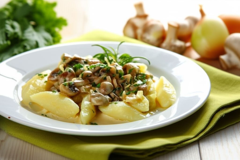 Kopytka z sosem pieczarkowym i ziołami
