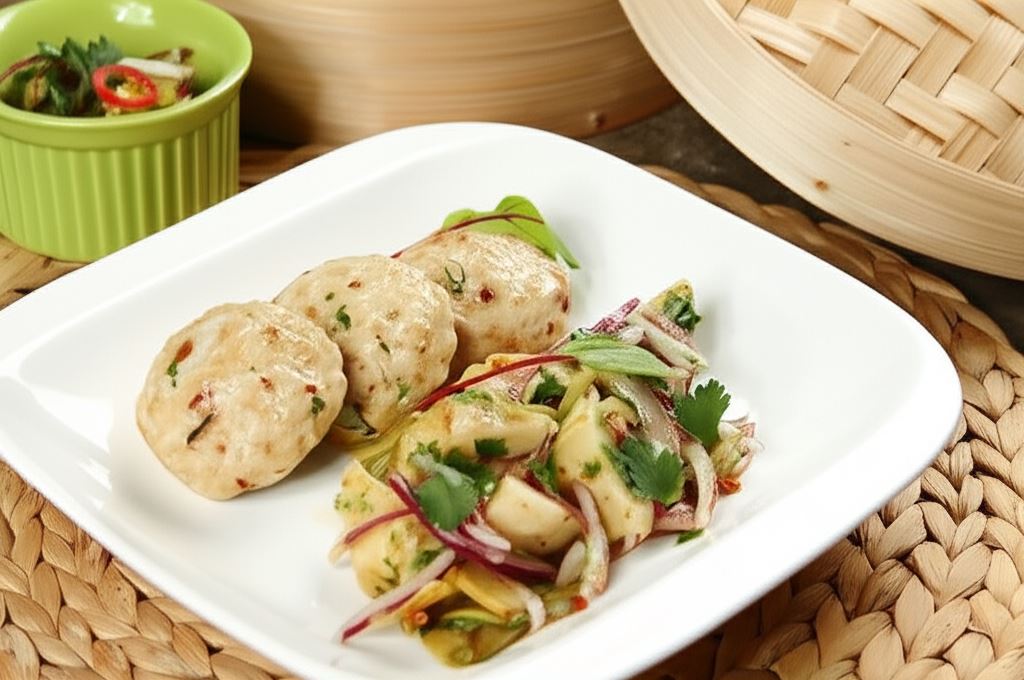 Kotlety mielone gotowane na parze z sałatką z karczochów marynowanych