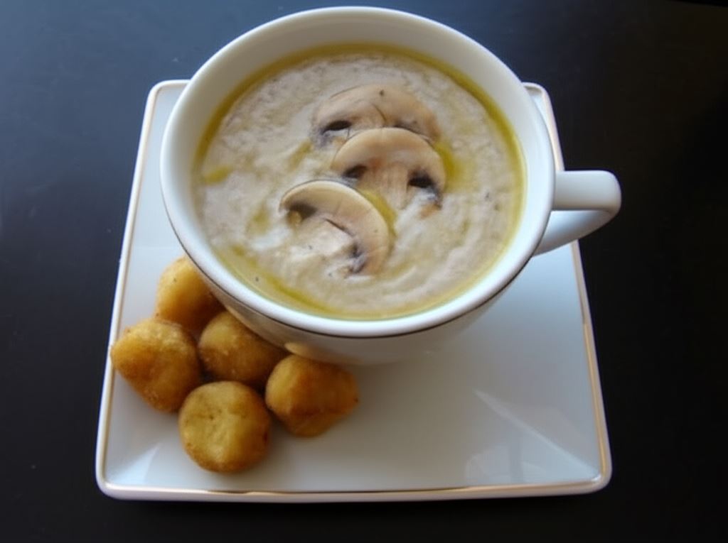 Krem pieczarkowy z nutką trufli i kulkami z brukselki