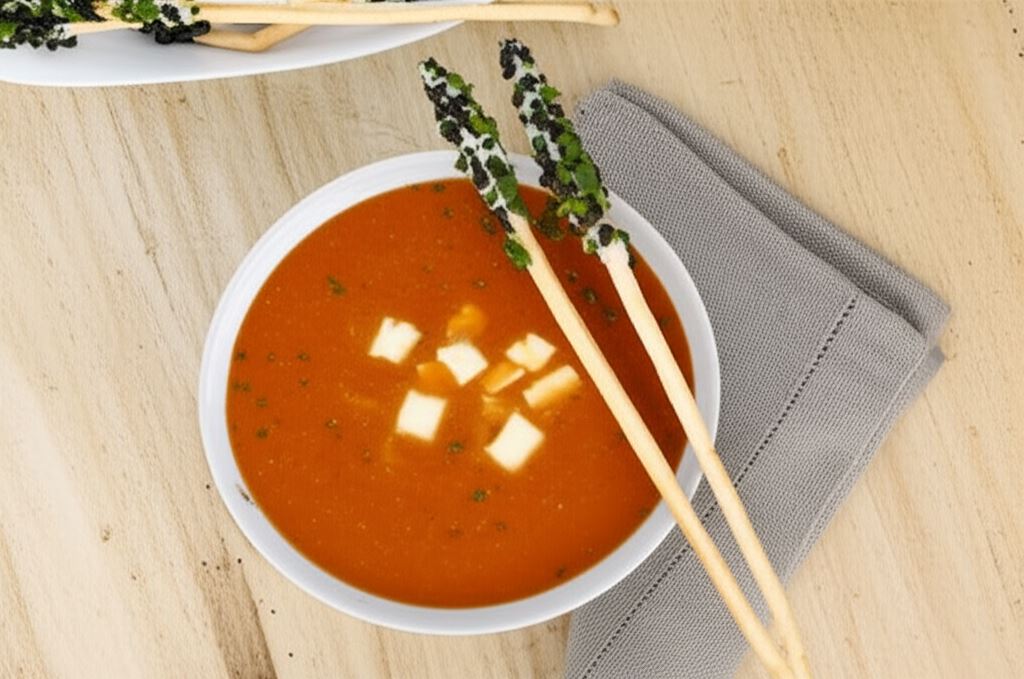 Krem z pomidorów z mozzarellą i bazylią z paluszkiem grissini