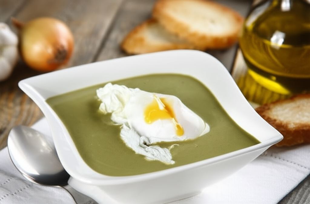 Krem ze szczawiu z mascarpone z jajkami w koszulkach