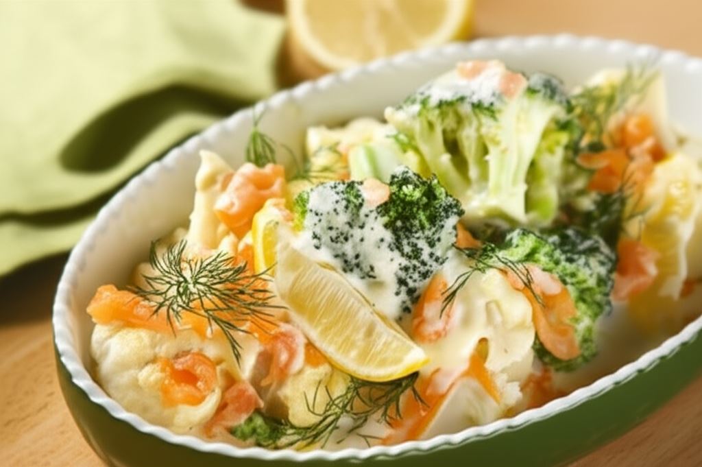 Kremowe brokuły z kalafiorem i wędzonym łososiem