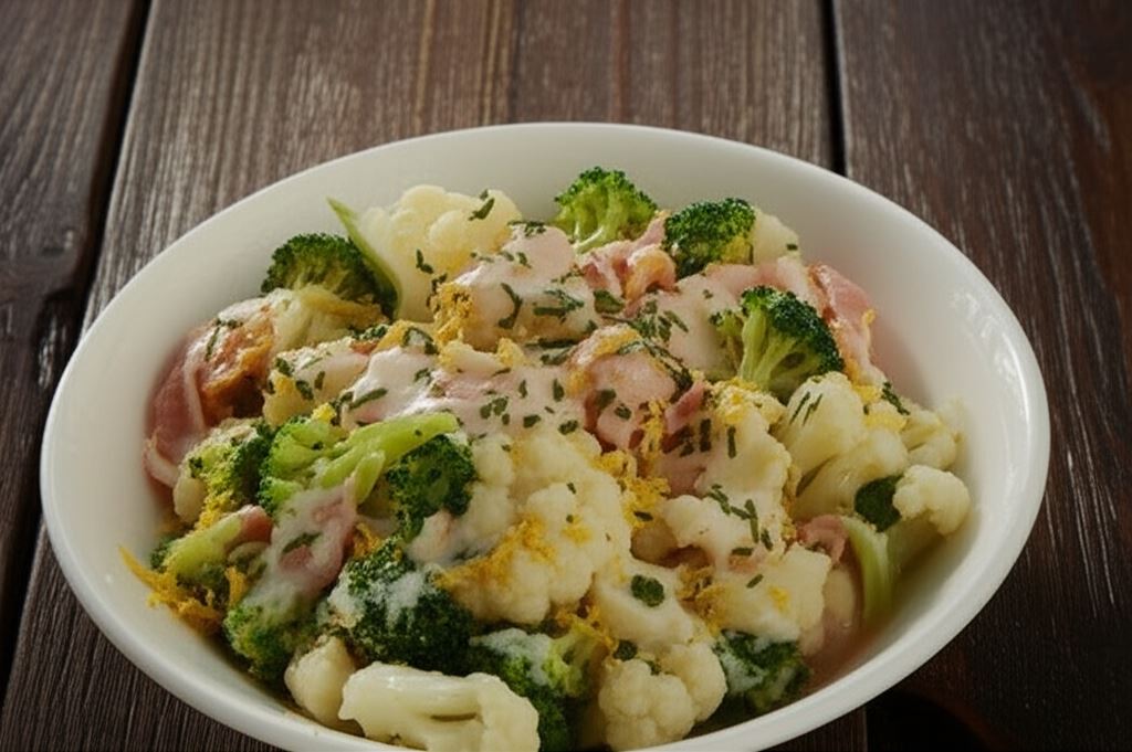 Kremowe warzywa z wędzonym łososiem