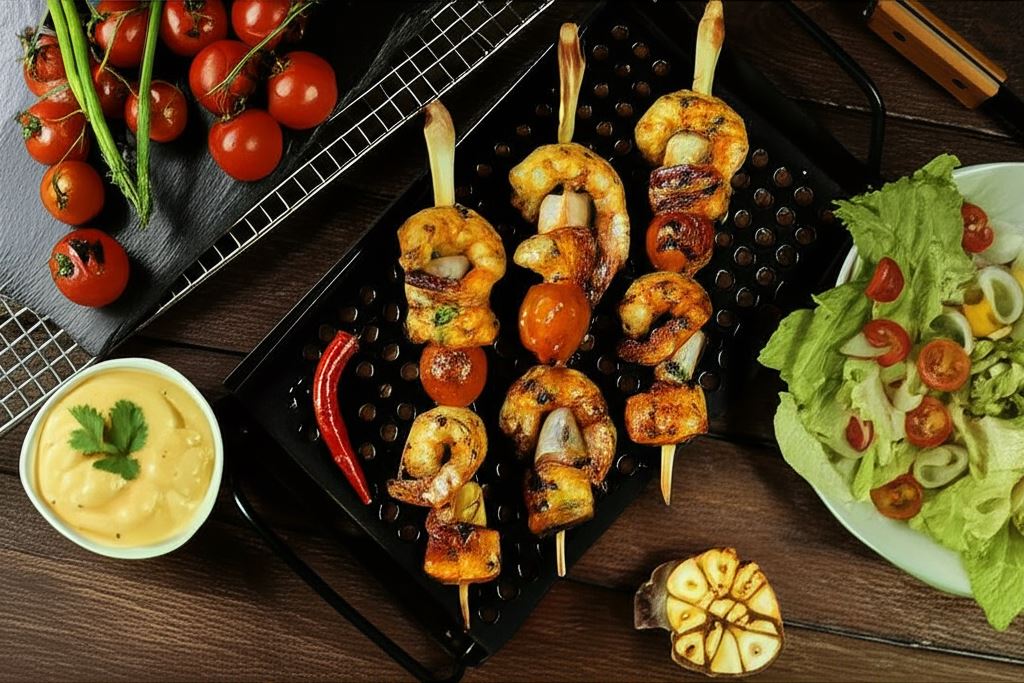 Krewetki na trawie cytrynowej z grillowanym czosnkiem