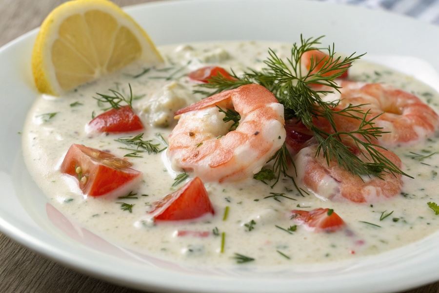 Krewetki w sosie koperkowym